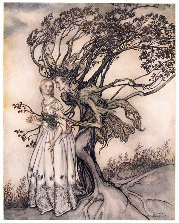 A copy of a 100 year old ink illustration from Brothers Grimm folklore. A tree-like man is grasping a woman wearing a long dress, looking over her shoulder with warning.